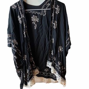 Black Embroidered Open Kimono OSFA